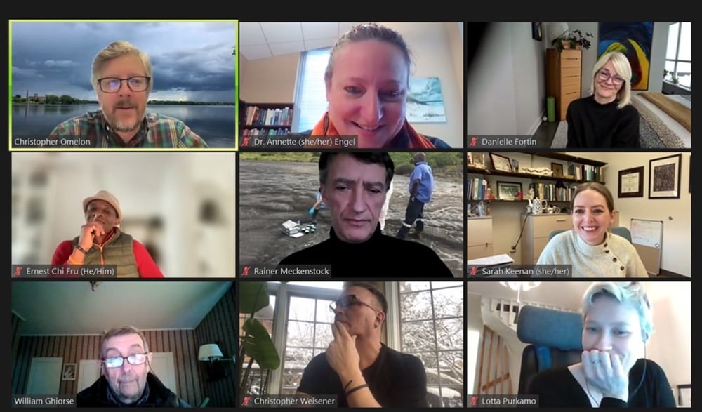Screen capture of nine organizing committee members' faces from Zoom meeting.
